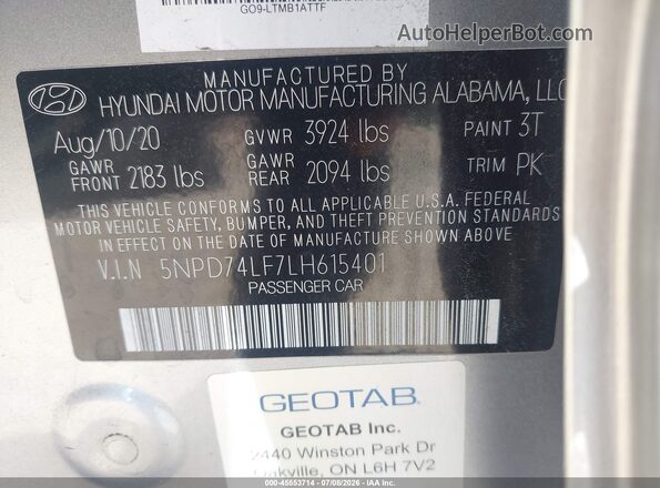 5NPD74LF7LH615401 2020 HYUNDAI ELANTRA Silver ძრავის განყოფილების ხედი