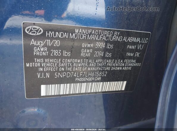 5NPD74LF7LH615852 2020 HYUNDAI ELANTRA Blue Вид підкапотного простору