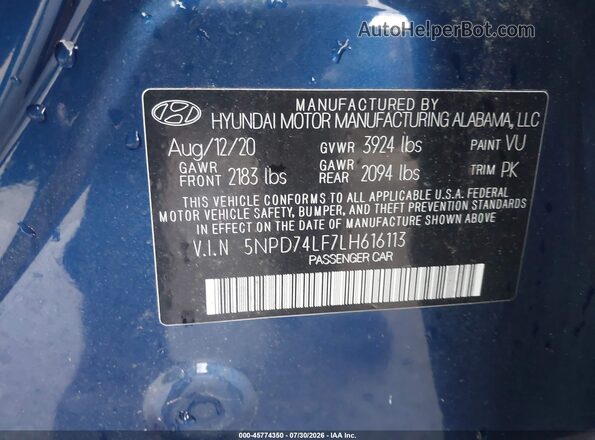 5NPD74LF7LH616113 2020 HYUNDAI ELANTRA Blue Engine compartment view