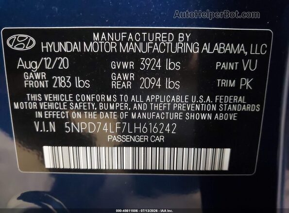 5NPD74LF7LH616242 2020 HYUNDAI ELANTRA Синий Вид подкапотного пространства