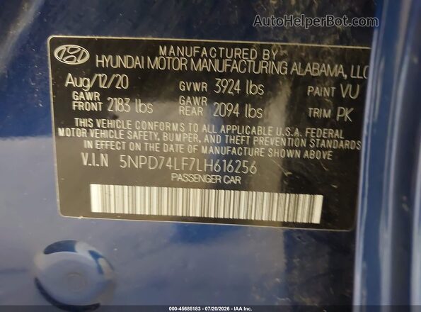 5NPD74LF7LH616256 2020 HYUNDAI ELANTRA Blue Engine compartment view