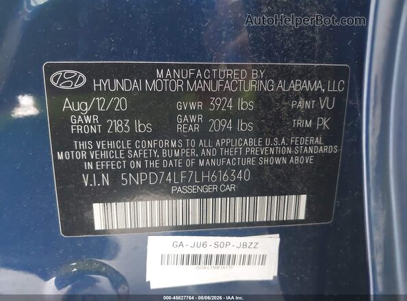 5NPD74LF7LH616340 2020 HYUNDAI ELANTRA Blue Widok komory silnika
