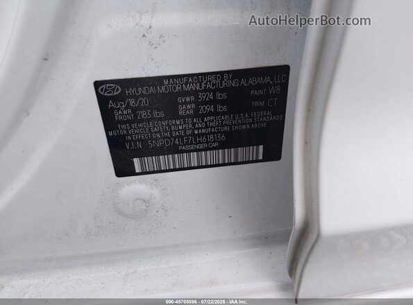 5NPD74LF7LH618136 2020 HYUNDAI ELANTRA White Engine compartment view