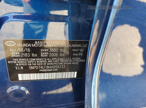 5NPD74LF8HH059333 2017 HYUNDAI ELANTRA Blue Engine compartment view