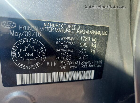 5NPD74LF8HH072048 2017 HYUNDAI ELANTRA Silver VIN կոդի պիտակի տեսք