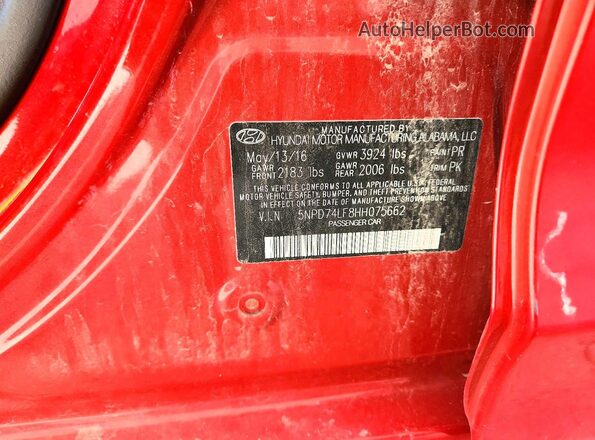5NPD74LF8HH075662 2017 HYUNDAI ELANTRA Red Widok naklejki z numerem VIN