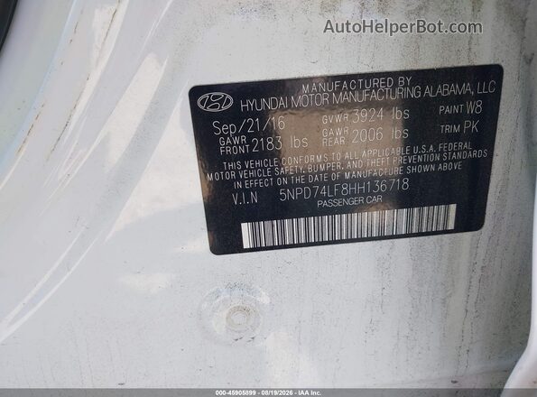 5NPD74LF8HH136718 2017 HYUNDAI ELANTRA White Vista del compartimento del motor