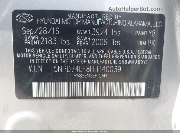 5NPD74LF8HH140039 2017 HYUNDAI ELANTRA Silver Widok komory silnika