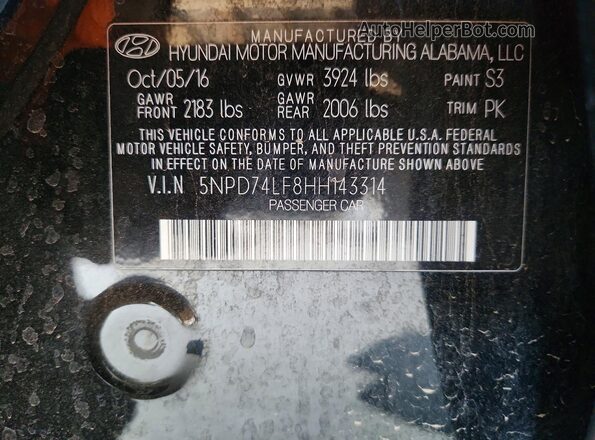 5NPD74LF8HH143314 2017 HYUNDAI ELANTRA Black Вид підкапотного простору