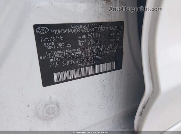 5NPD74LF8HH165796 2017 HYUNDAI ELANTRA White ძრავის განყოფილების ხედი