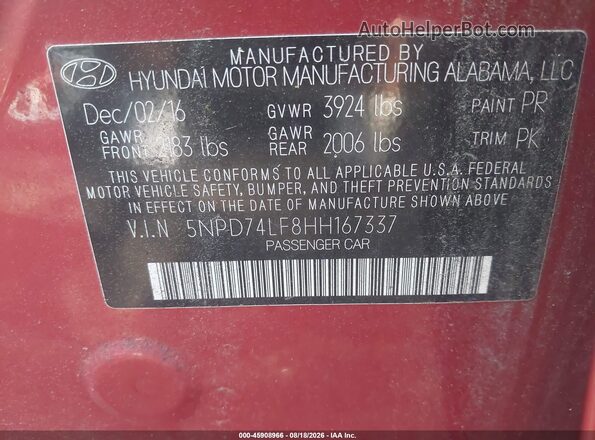 5NPD74LF8HH167337 2017 HYUNDAI ELANTRA Red Engine compartment view