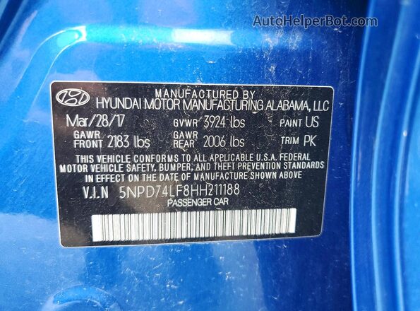 5NPD74LF8HH211188 2017 HYUNDAI ELANTRA Blue Engine compartment view