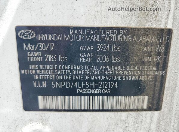 5NPD74LF8HH212194 2017 HYUNDAI ELANTRA White VIN კოდის სტიკერის ხედი