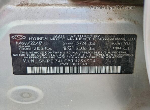 5NPD74LF8JH234394 2018 HYUNDAI ELANTRA Silver Vista del compartimento del motor