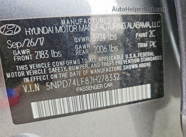 5NPD74LF8JH278332 2018 HYUNDAI ELANTRA Gray VIN կոդի պիտակի տեսք