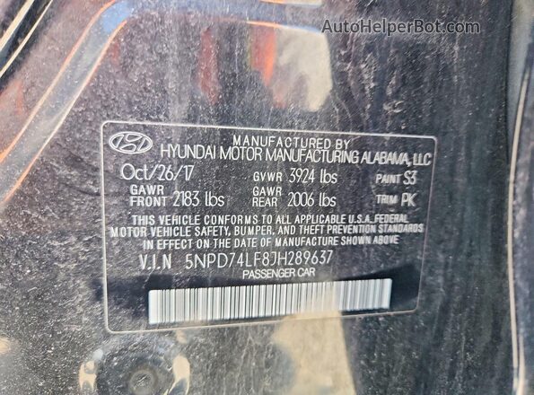 5NPD74LF8JH289637 2018 HYUNDAI ELANTRA Черный Вид наклейки с VIN-кодом