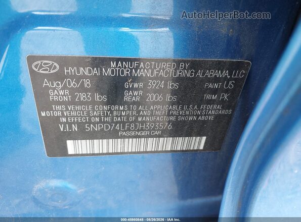 5NPD74LF8JH393576 2018 HYUNDAI ELANTRA Blue Շարժիչի բաժամունքի տեսք