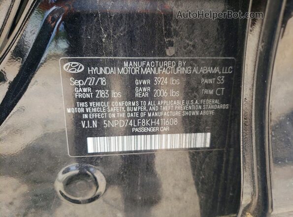 5NPD74LF8KH411608 2019 HYUNDAI ELANTRA Black Вид підкапотного простору