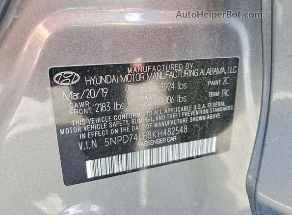 5NPD74LF8KH482548 2019 HYUNDAI ELANTRA Gray Vista del compartimento del motor