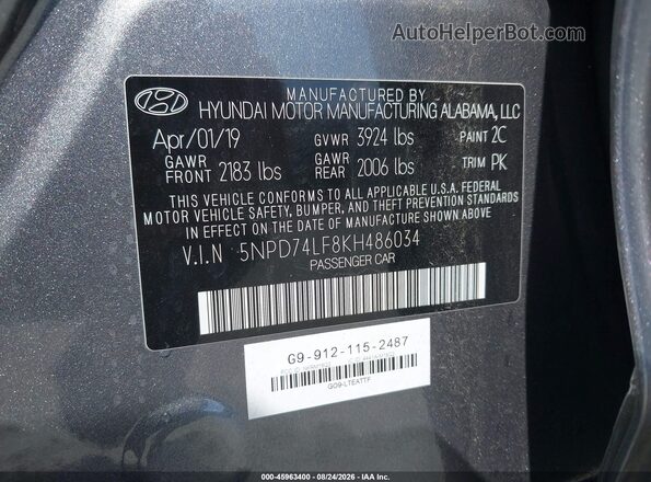 5NPD74LF8KH486034 2019 HYUNDAI ELANTRA Серый Вид подкапотного пространства