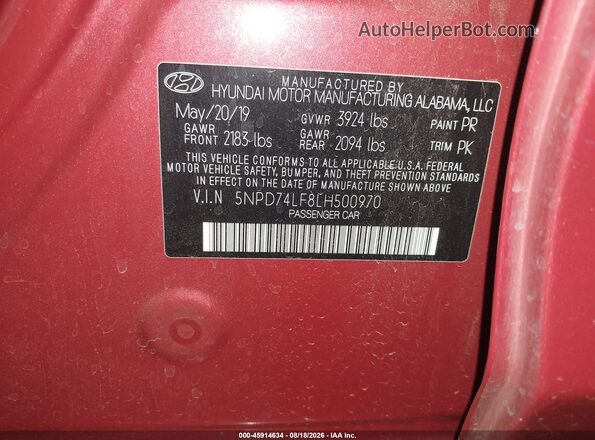 5NPD74LF8LH500970 2020 HYUNDAI ELANTRA Red ძრავის განყოფილების ხედი