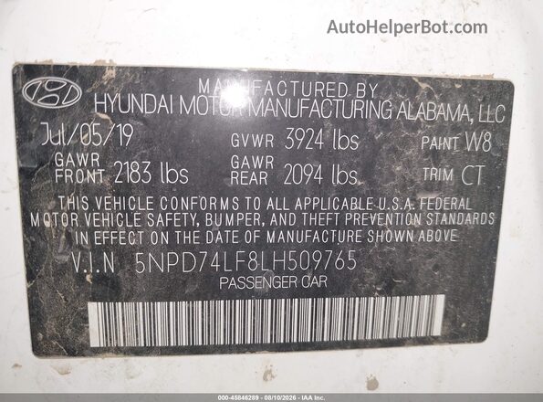 5NPD74LF8LH509765 2020 HYUNDAI ELANTRA White Widok komory silnika