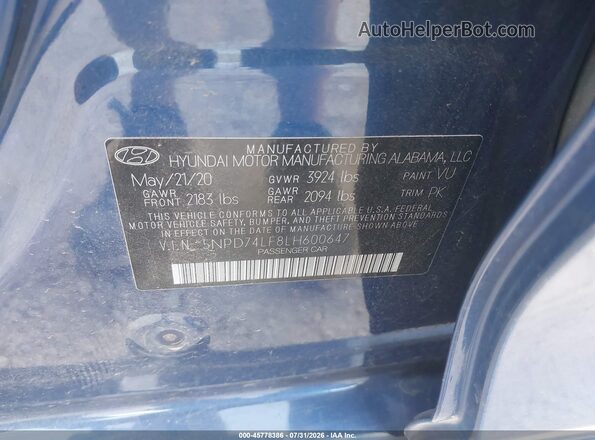 5NPD74LF8LH600647 2020 HYUNDAI ELANTRA Blue Вид підкапотного простору