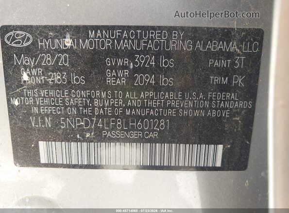 5NPD74LF8LH601281 2020 HYUNDAI ELANTRA Silver Շարժիչի բաժամունքի տեսք