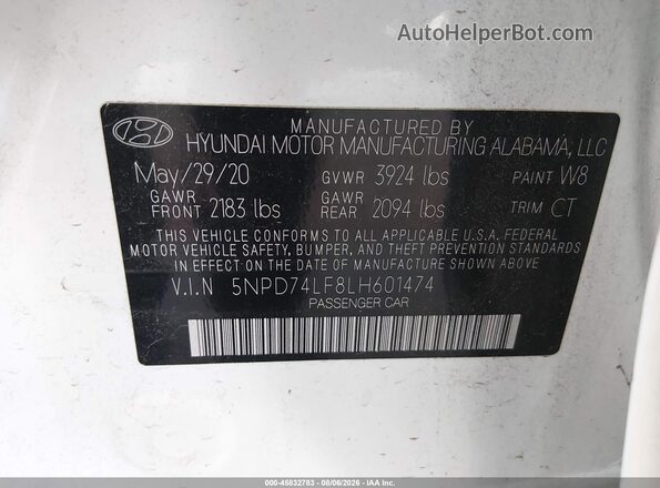 5NPD74LF8LH601474 2020 HYUNDAI ELANTRA White Շարժիչի բաժամունքի տեսք