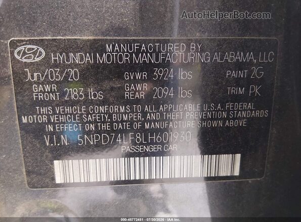 5NPD74LF8LH601930 2020 HYUNDAI ELANTRA Черный Вид подкапотного пространства
