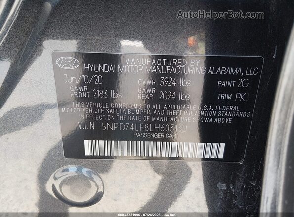 5NPD74LF8LH603130 2020 HYUNDAI ELANTRA Gray ძრავის განყოფილების ხედი
