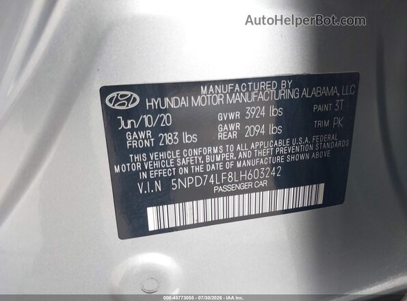 5NPD74LF8LH603242 2020 HYUNDAI ELANTRA Silver Շարժիչի բաժամունքի տեսք