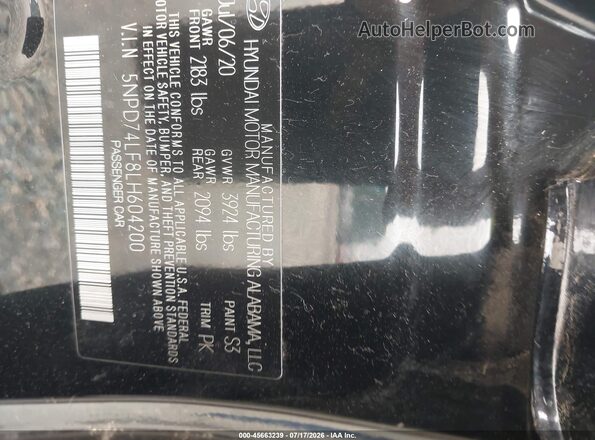 5NPD74LF8LH604200 2020 HYUNDAI ELANTRA Black Engine compartment view