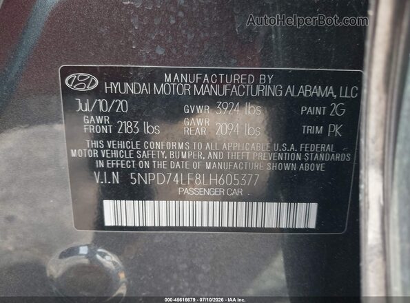 5NPD74LF8LH605377 2020 HYUNDAI ELANTRA Gray Engine compartment view
