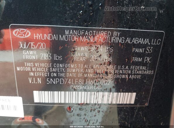 5NPD74LF8LH607002 2020 HYUNDAI ELANTRA Black Engine compartment view