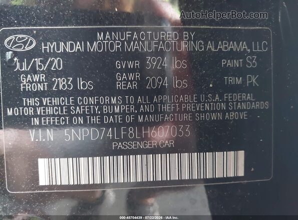 5NPD74LF8LH607033 2020 HYUNDAI ELANTRA Black Vista del compartimento del motor