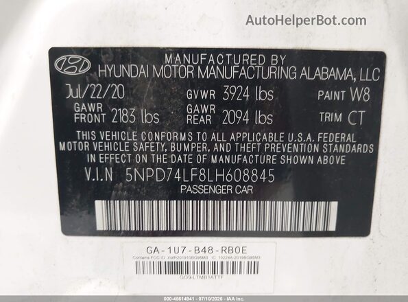 5NPD74LF8LH608845 2020 HYUNDAI ELANTRA White Vista del compartimento del motor