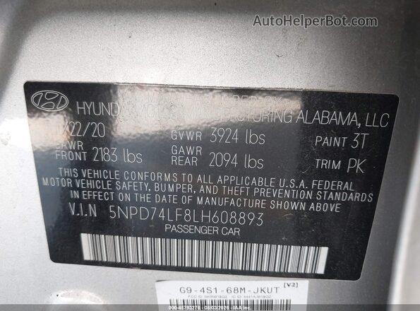 5NPD74LF8LH608893 2020 HYUNDAI ELANTRA Silver Вид підкапотного простору