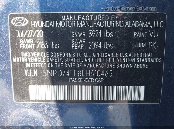 5NPD74LF8LH610465 2020 HYUNDAI ELANTRA Blue Vista del compartimento del motor