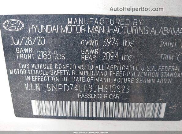 5NPD74LF8LH610823 2020 HYUNDAI ELANTRA White ძრავის განყოფილების ხედი