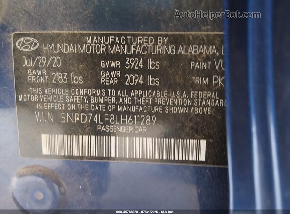 5NPD74LF8LH611289 2020 HYUNDAI ELANTRA Blue ძრავის განყოფილების ხედი