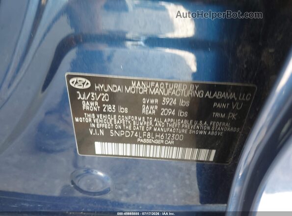 5NPD74LF8LH612300 2020 HYUNDAI ELANTRA Blue Vista del compartimento del motor