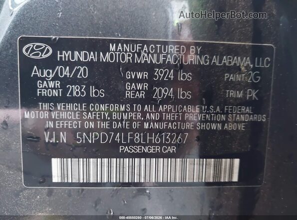 5NPD74LF8LH613267 2020 HYUNDAI ELANTRA Gray Շարժիչի բաժամունքի տեսք