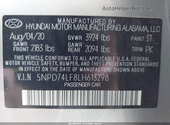 5NPD74LF8LH613298 2020 HYUNDAI ELANTRA Silver Вид підкапотного простору