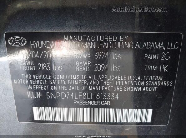 5NPD74LF8LH613334 2020 HYUNDAI ELANTRA Gray Вид підкапотного простору