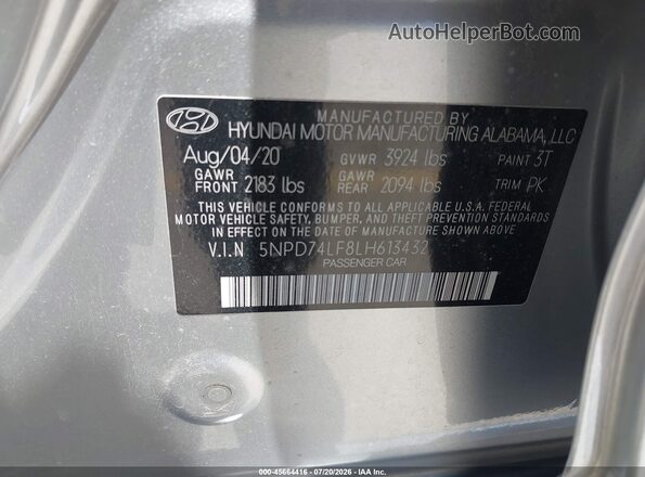 5NPD74LF8LH613432 2020 HYUNDAI ELANTRA Silver Widok komory silnika