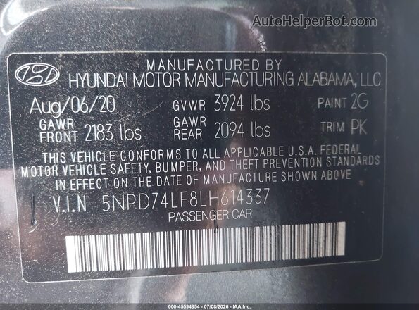5NPD74LF8LH614337 2020 HYUNDAI ELANTRA Gray Вид підкапотного простору