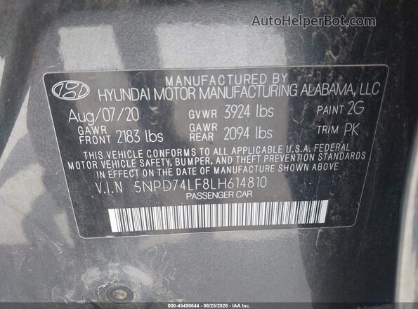 5NPD74LF8LH614810 2020 HYUNDAI ELANTRA Gray Widok komory silnika