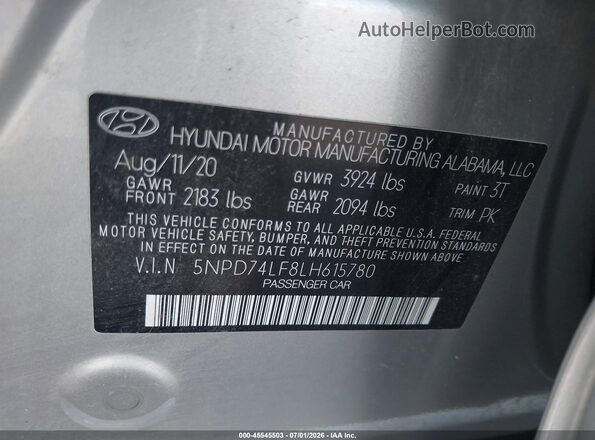 5NPD74LF8LH615780 2020 HYUNDAI ELANTRA Silver Vista del compartimento del motor