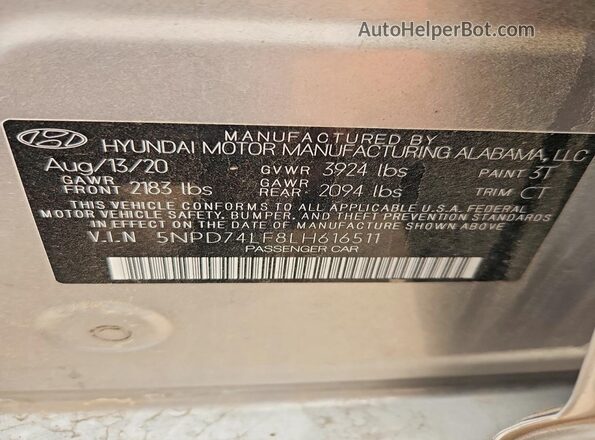 5NPD74LF8LH616511 2020 HYUNDAI ELANTRA Silver VIN կոդի պիտակի տեսք